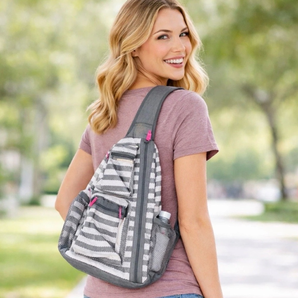 Thirty One Sling Back Bag Backpack Gray & White Striped Pink Lining Adjustable
